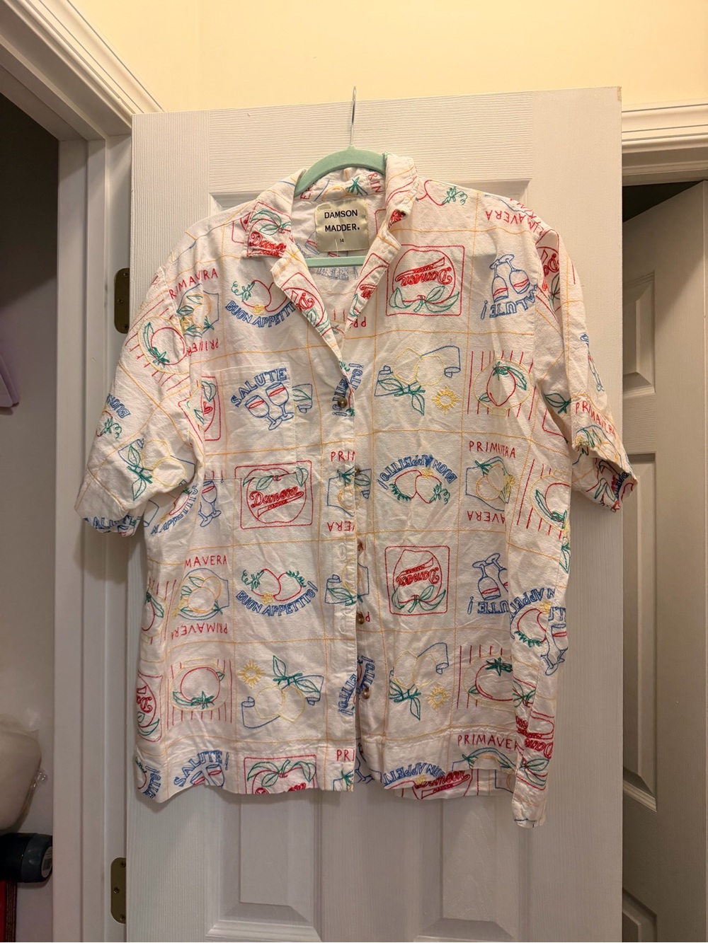 Damson Madder White Short-Sleeve Button-Down Shirt tomato lemon embroidery
